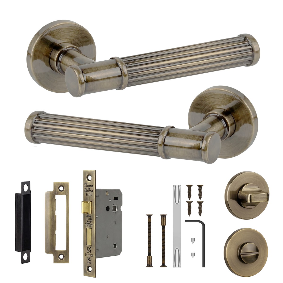 Leto Antique Brass Bathroom Door Lever Handles - Bathroom Kit 64mm
