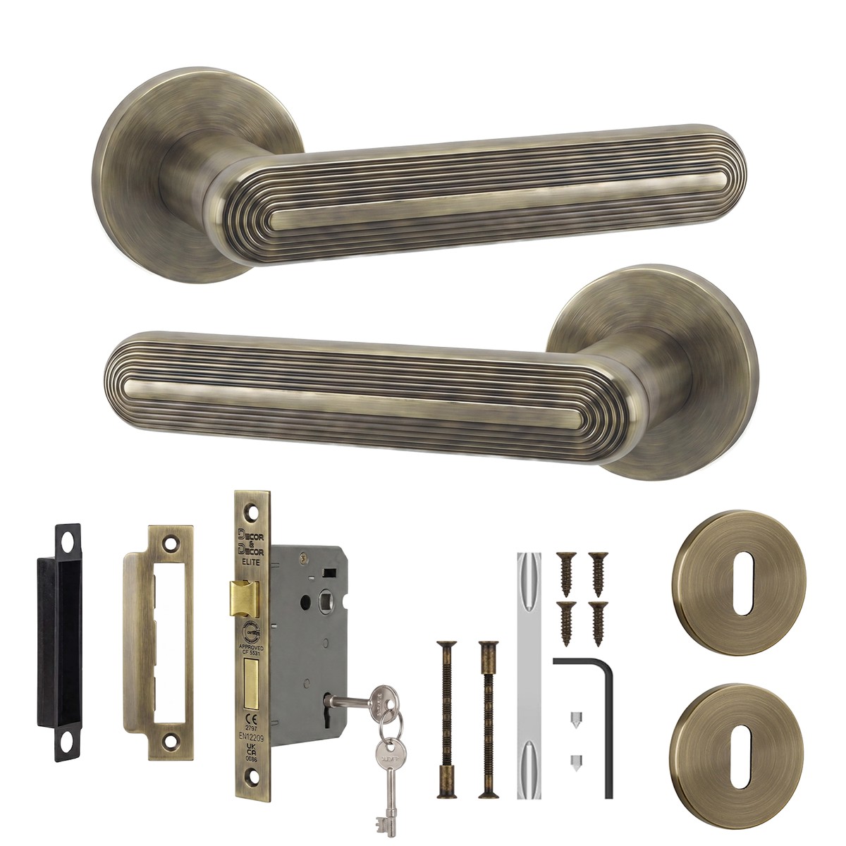 Marin Antique Brass Privacy Door Lever Handles - Sash Lock Kit 64mm