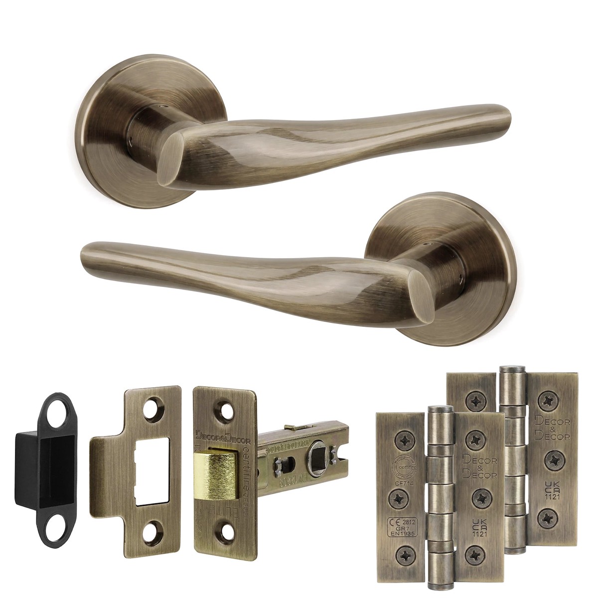 Nanda Antique Brass Passage Door Lever Handles - Hinge Kit 76mm