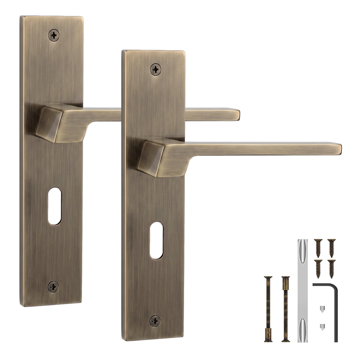 Spectra Antique Brass Door Lever Handles on Backplate - Key Hole