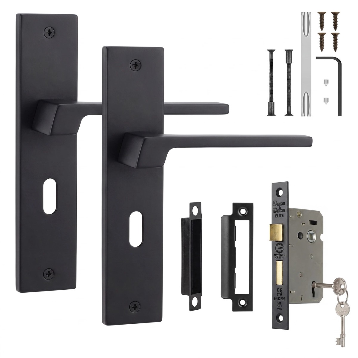 Spectra Matt Black Privacy Door Lever Handles on Backplate - Sash Lock Kit 64mm
