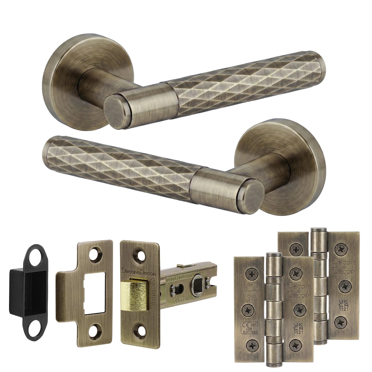 Tore Antique Brass Passage Door Lever Handles - Hinge Kit 76mm