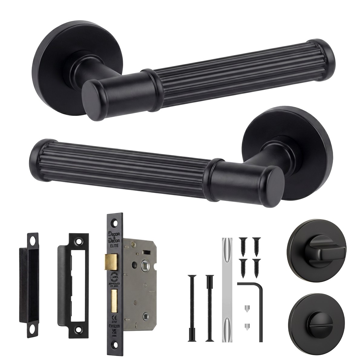 Leto Matt Black Bathroom Door Lever Handles - Bathroom Kit 76mm