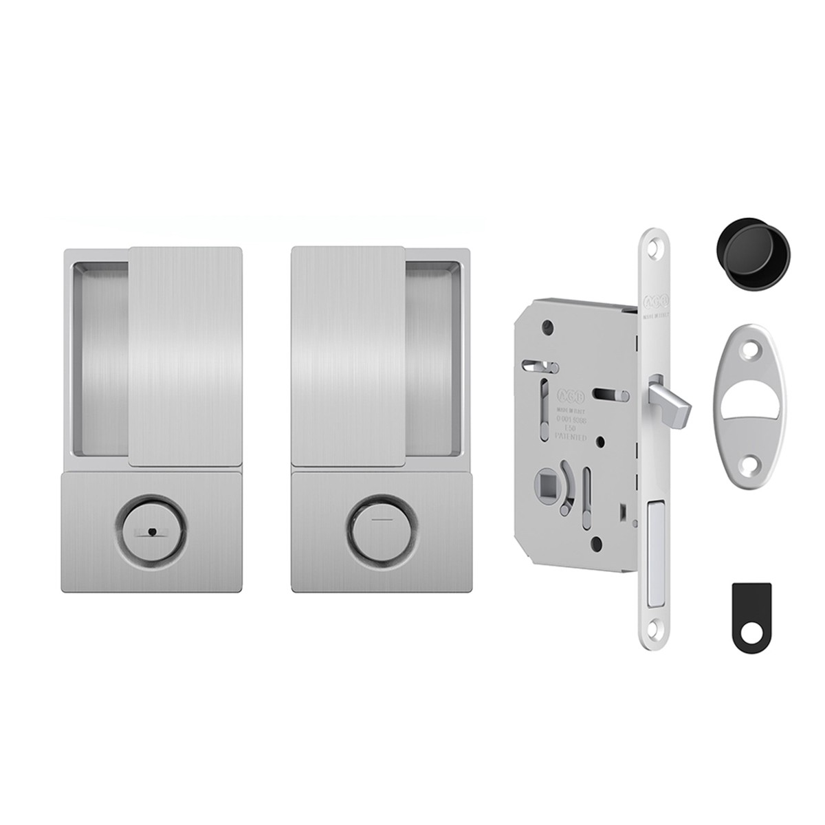AGB Wave Flush Pocket Door Handle & Bathroom Lock Set - Satin Chrome