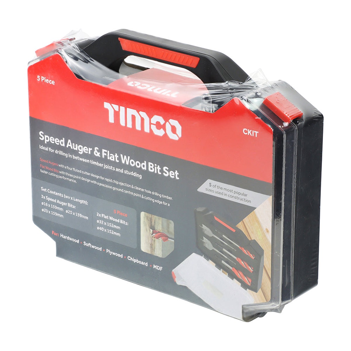 Timco - Carpenter's Speed Auger & Flat Wood Bit Kit 5pcs (5 Pieces Case)