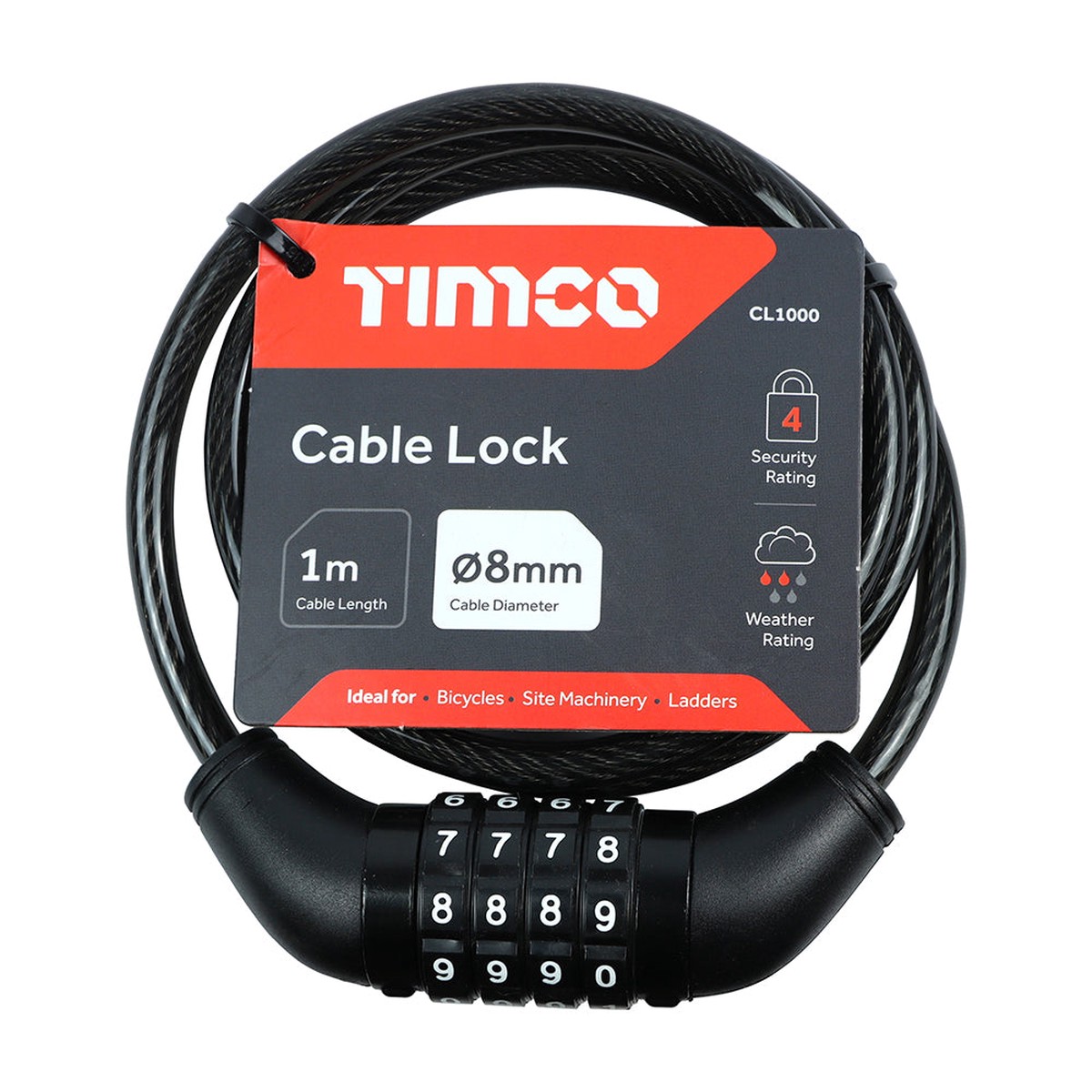 Timco - Combination Cable Lock 8mm x 1m (1 Each Backing Card)