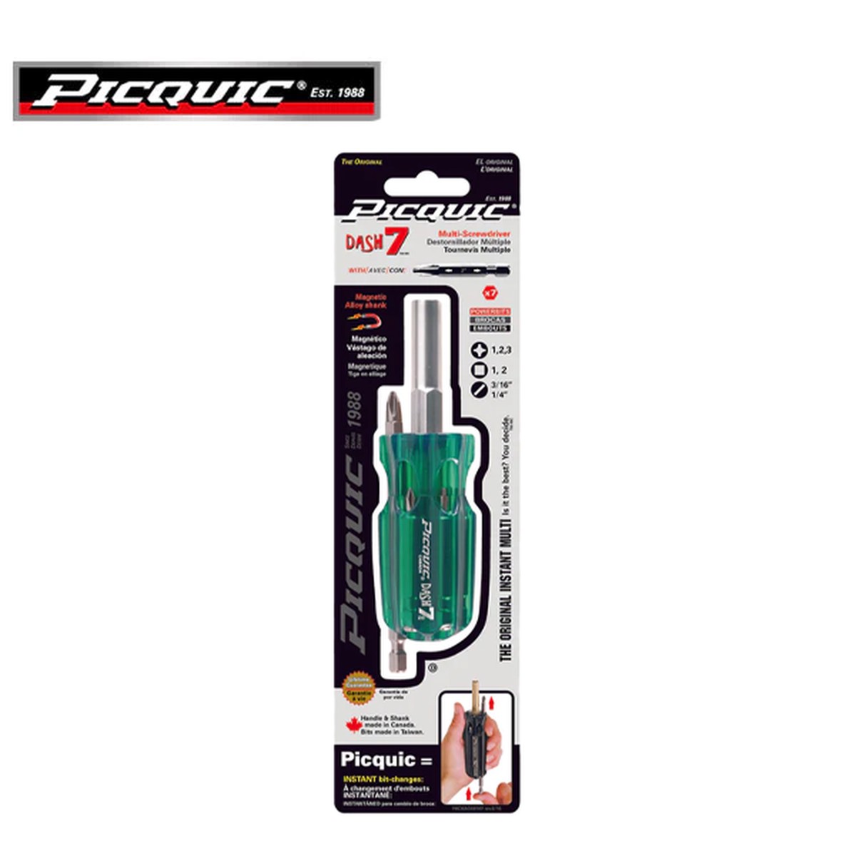 PICQUIC - Dash 7 - Multi Bit Screwdriver - P 1,2,3, / R1,2 / S 3/16", 1/4" (1/4" hex bits)