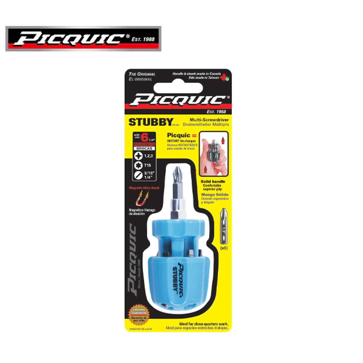 PICQUIC - Stubby - Multi Bit Screwdriver - W/ P1,2,3 / T15 / S 3/16", 1/4" (1/4" hex insert bits)