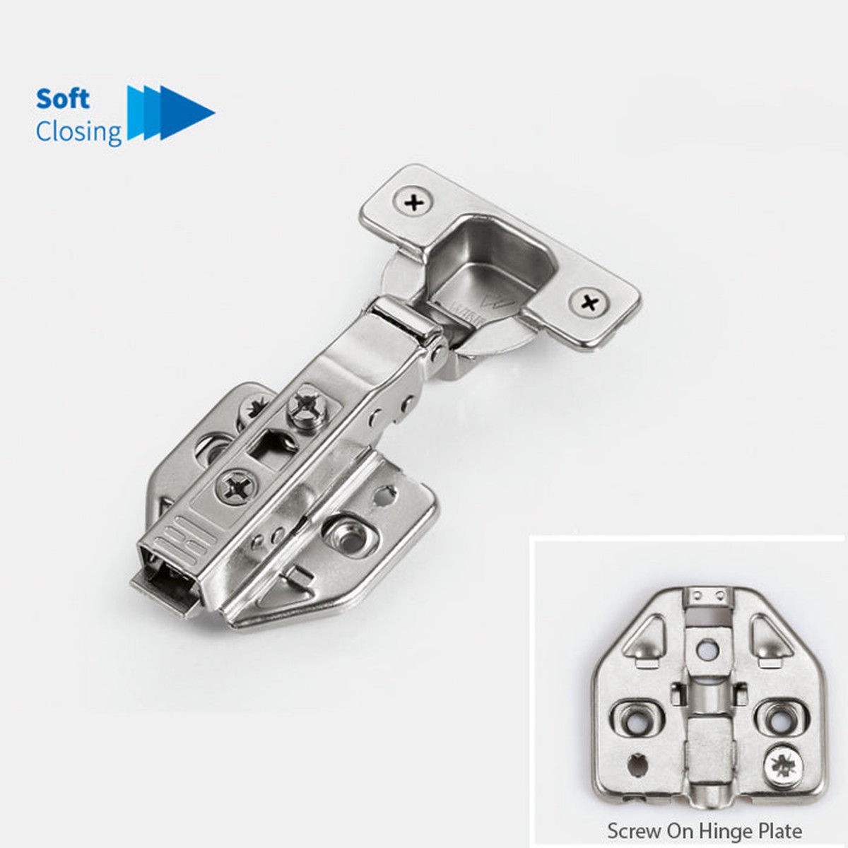 105 Degree Full Overlay Soft Closing Hinge (M8 Dowels on Cup | Screw On Hinge Plate | For 3/4 Inch Gable)