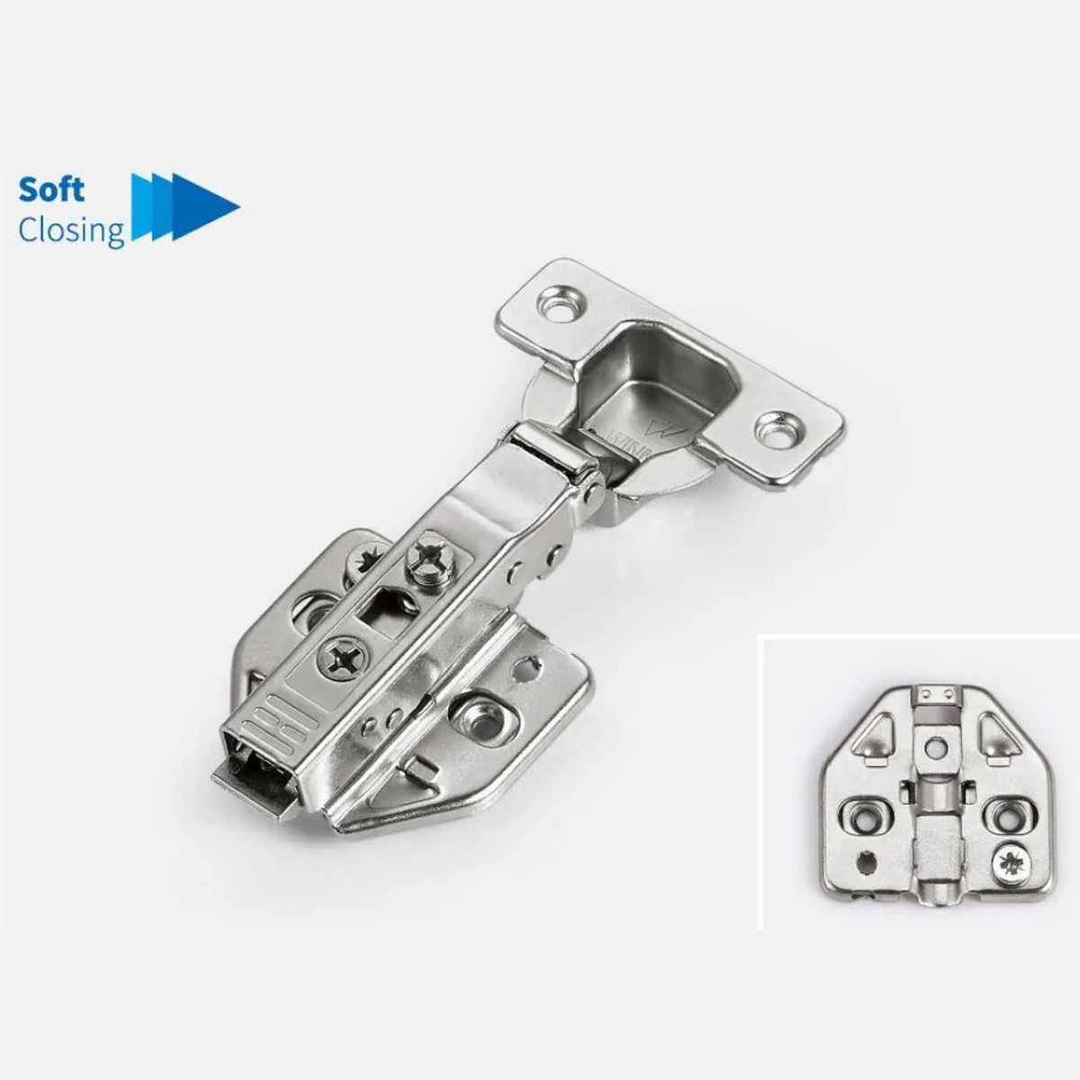 105 Degree Full Overlay Soft Closing Hinge (Screw On Cup | Screw On Hinge Plate | For 5/8 Inch Gable)