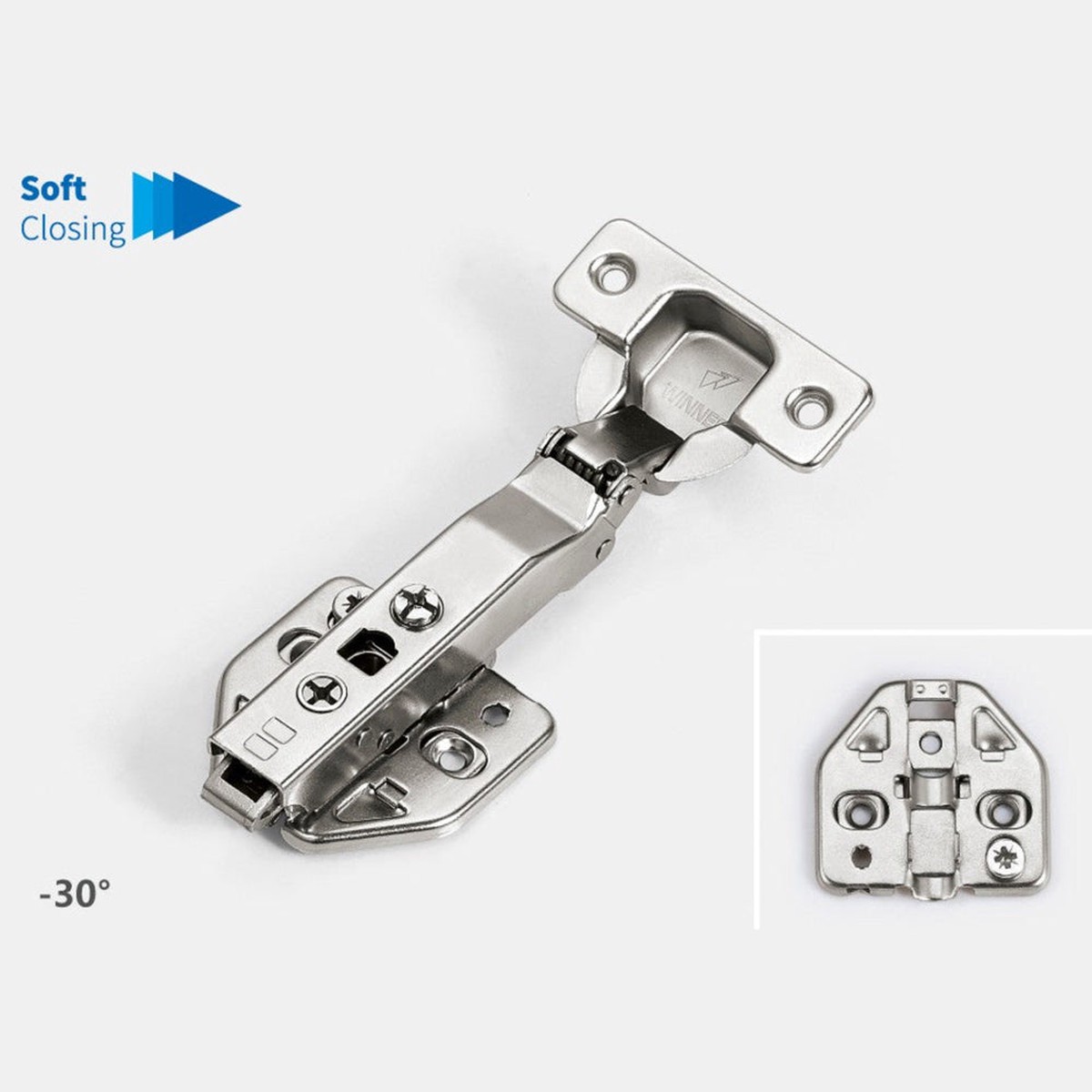 -30 Degree Soft Closing Hinge with Mounting Plate