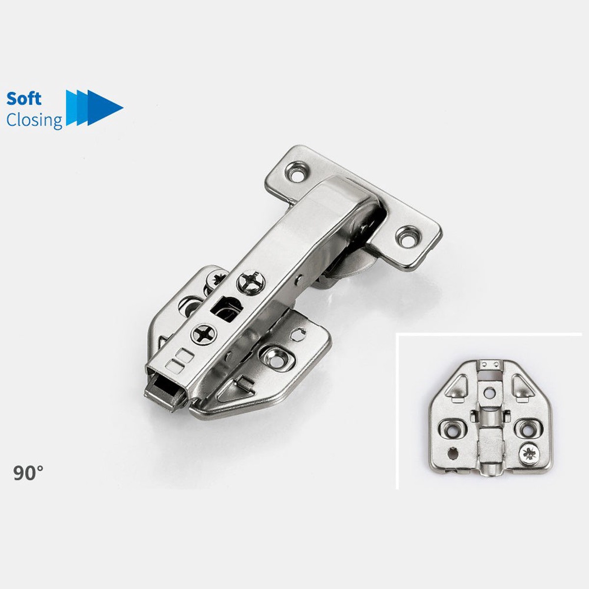 90 Degree Soft Closing Hinge with Mounting Plate