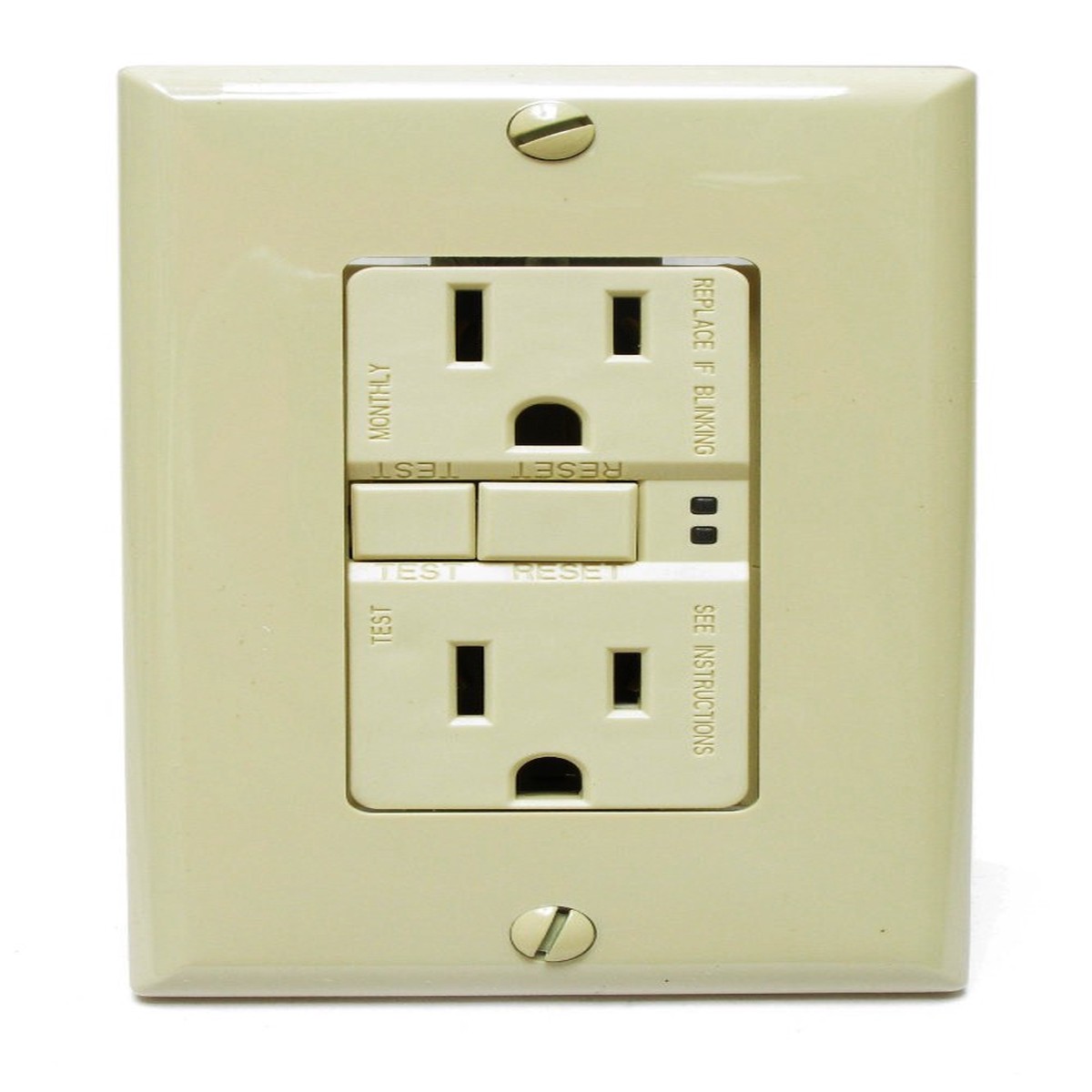GFCI Duplex Outlet, 125 Volt AC, 15 Amp, Ivory