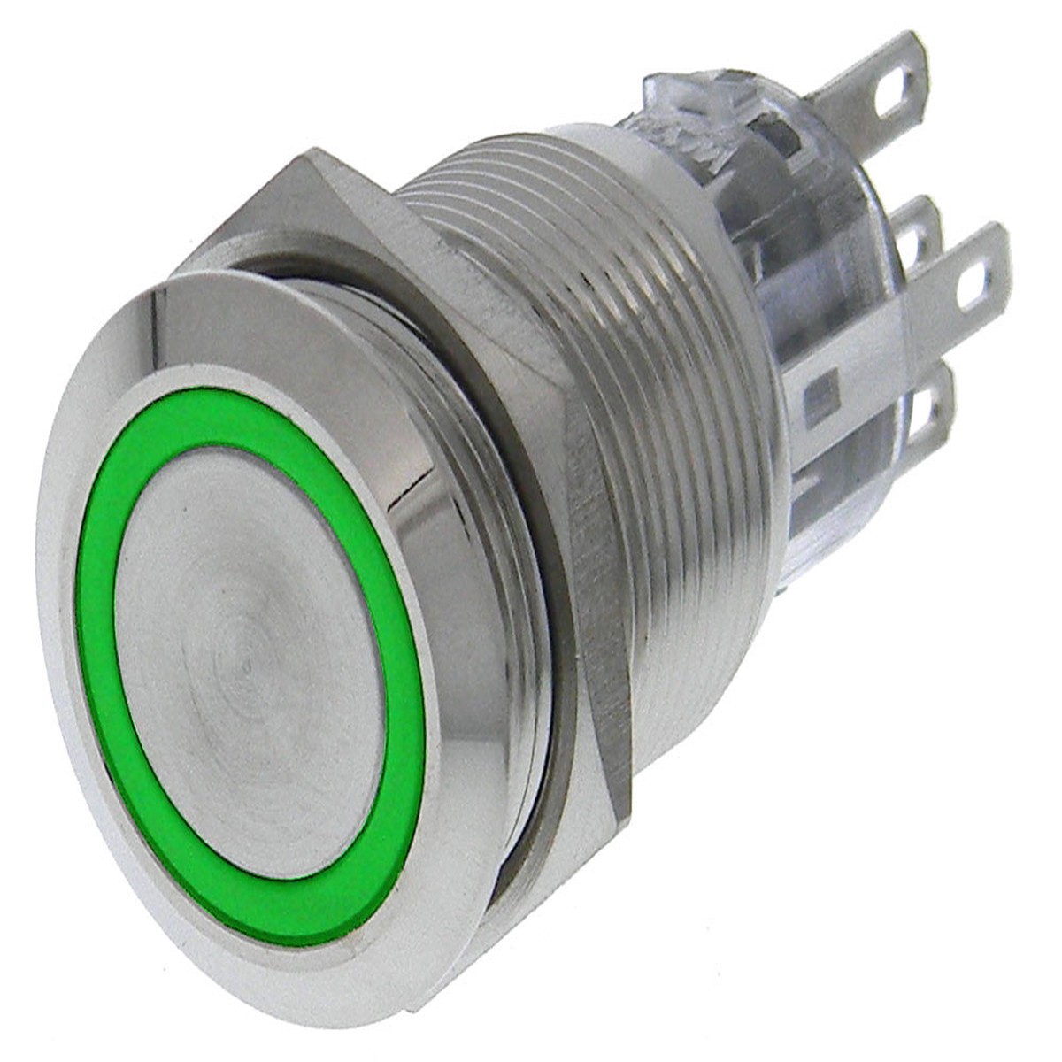 SPDT Lighted Pushbutton Switch, Alternate Action, 12V Green LED