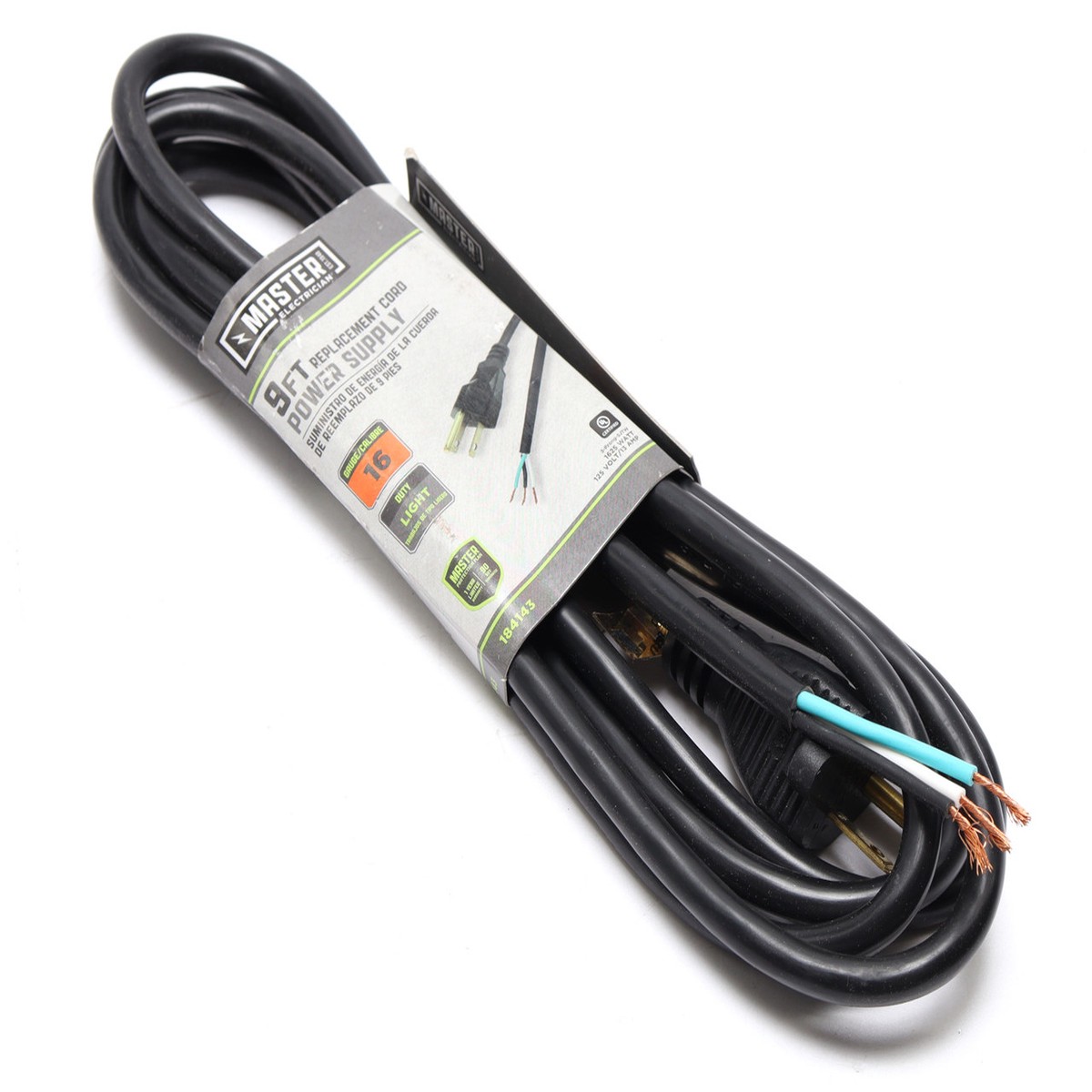 Master Electrician 184143 16/3 SJTW Replacement Power Cord, 9ft